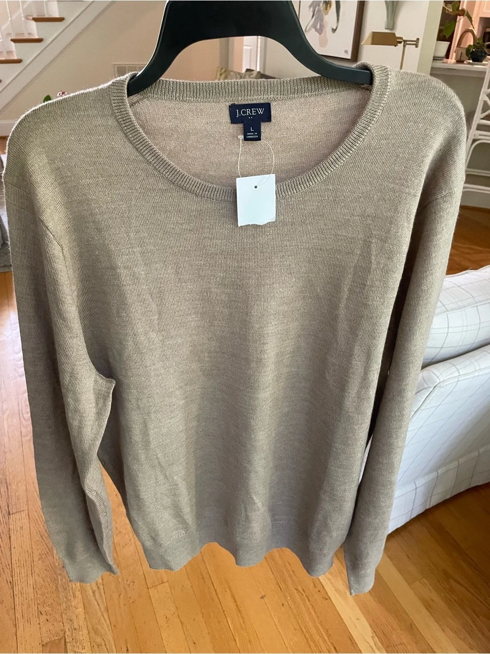 J.Crew NWT Mens Large Tan Beige Wool Blend Crewneck Sweater Pullover Lightweight